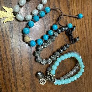 Turquoise, Pearl and Silver Beaded Bracelet Set